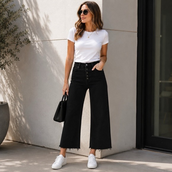 Everlane Denim - Everlane The Wide Leg Crop Jean Black High Rise Button Fly Raw Hem Stretch 26